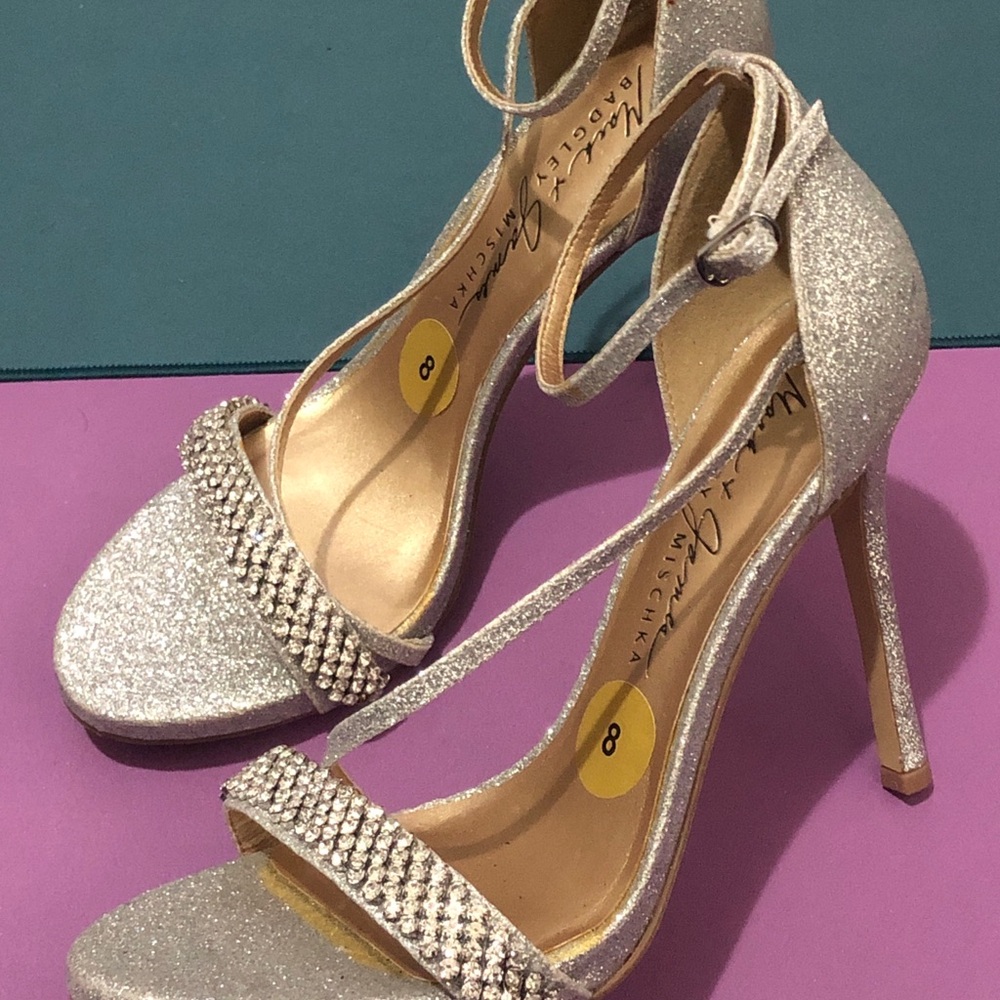 Badgley Mischka Glittery Silver Rhinestone Ankle-Strap Heels